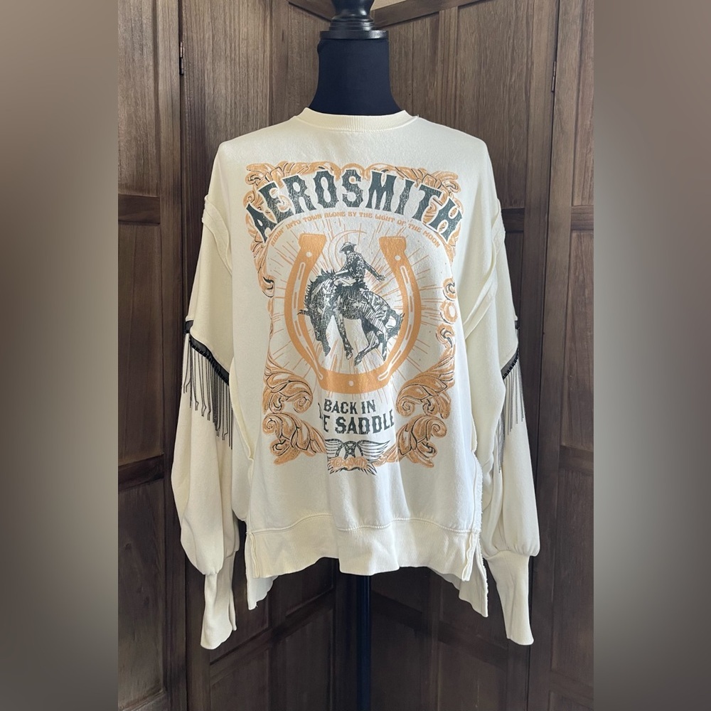 EUC. Aerosmith Logo Cream Sweater with Metal Fringe
